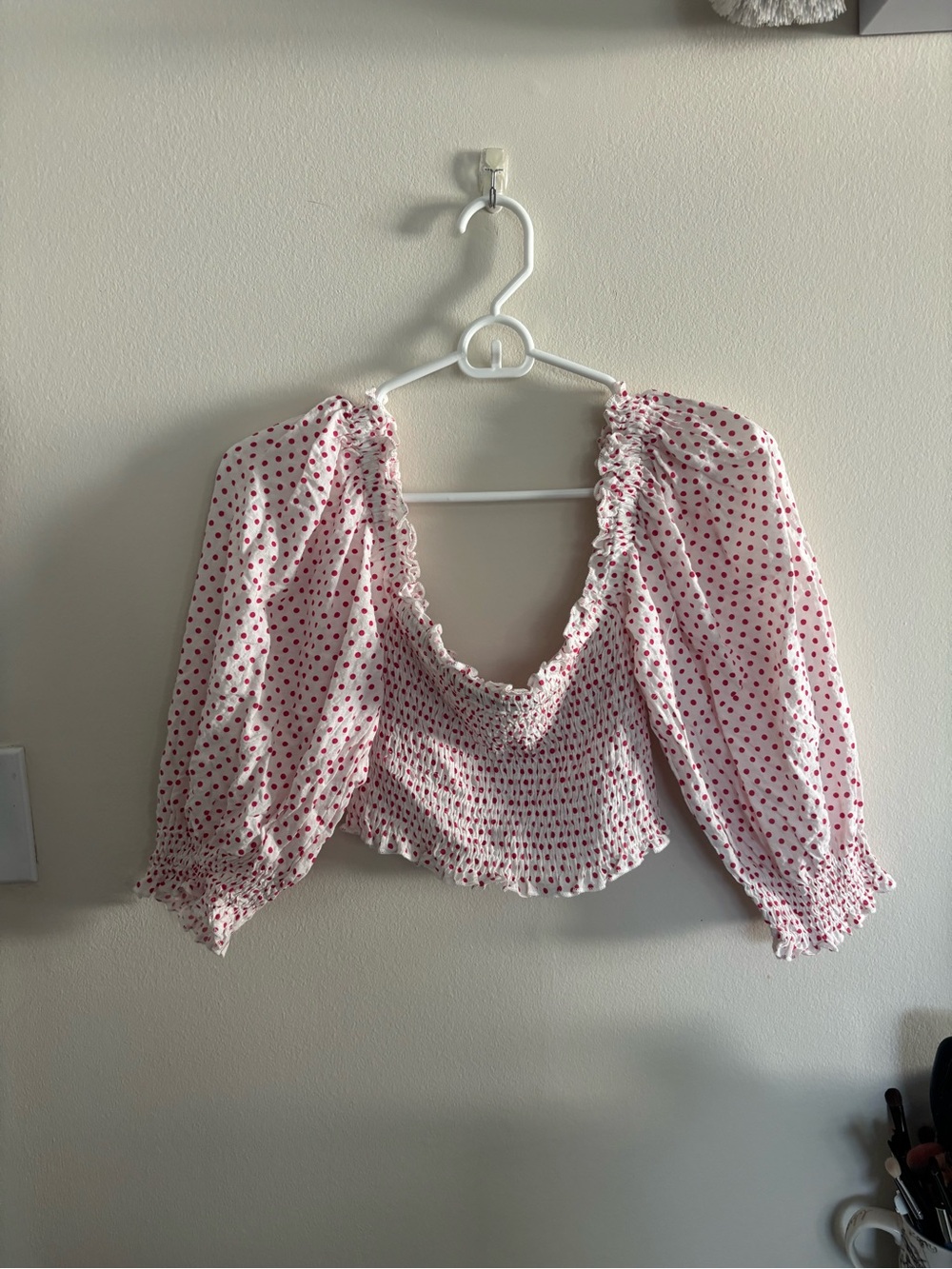 Polka Dot Smocked Crop Top with Puff Sleeves - White & Red